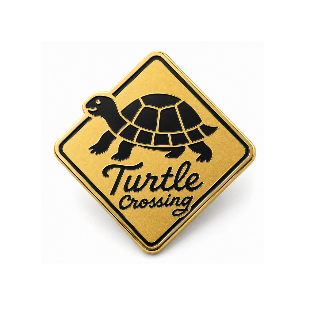 Turtle Crossing Sign Gold Enamel Pin